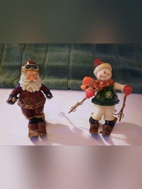 Festive Skiing Santa & Snowman Ornaments - Red Green White